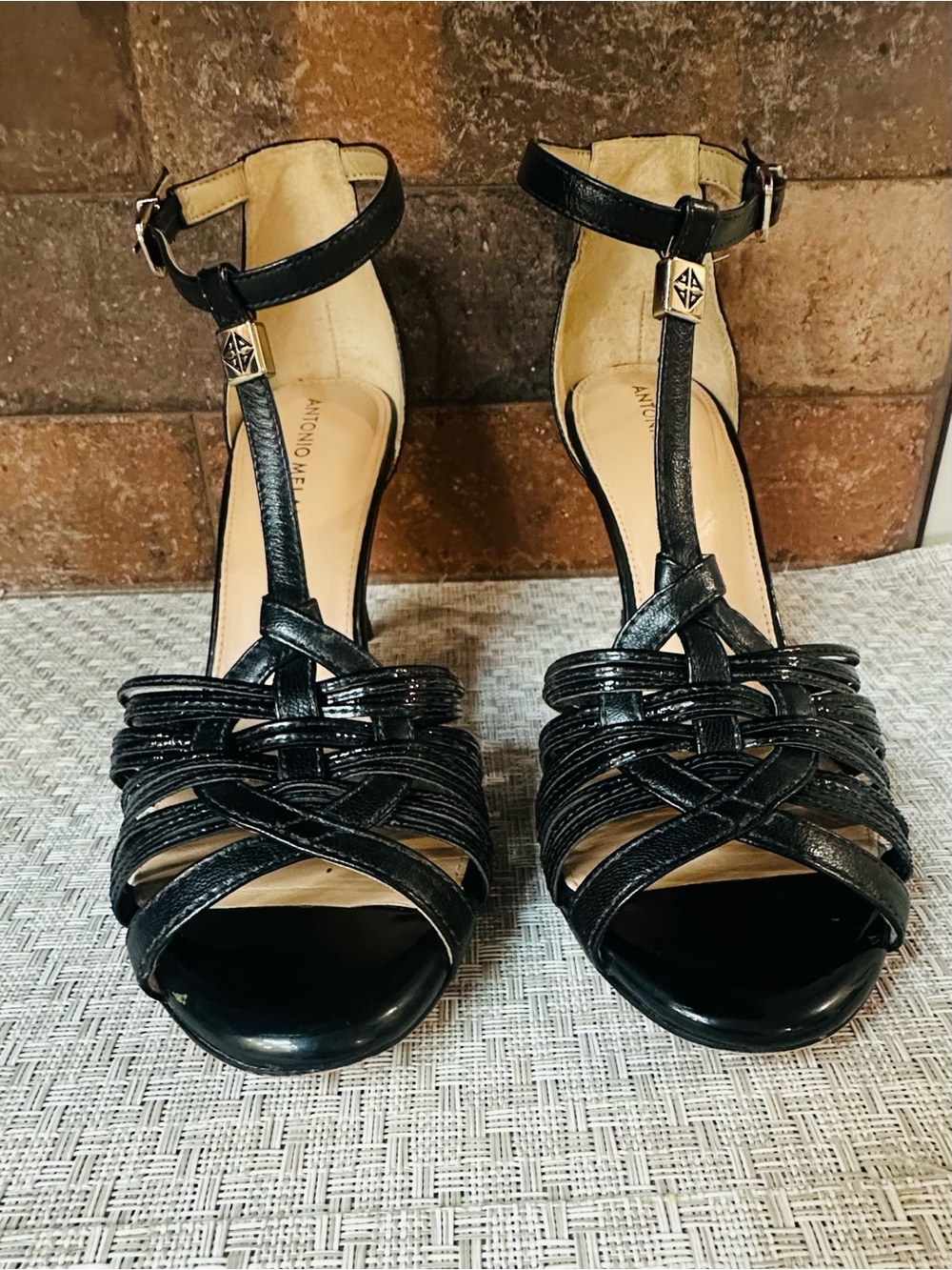 ANTONIO MELANI Black Woven T-Strap High Heel Sandals